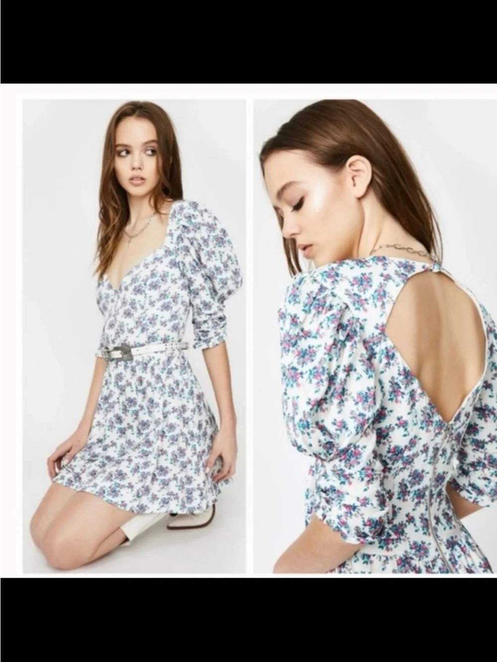 For love & lemons Floral Puff-Sleeve Mini Dress in White and Pink - Picture 2 of 8